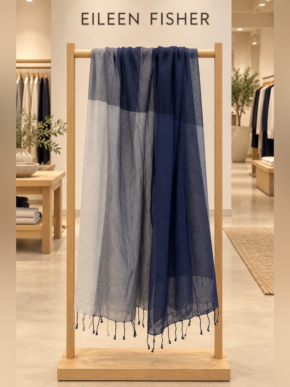 Eileen Fisher Navy and Gray Colorblock Scarf or Wrap 100% Cotton New without Tag
